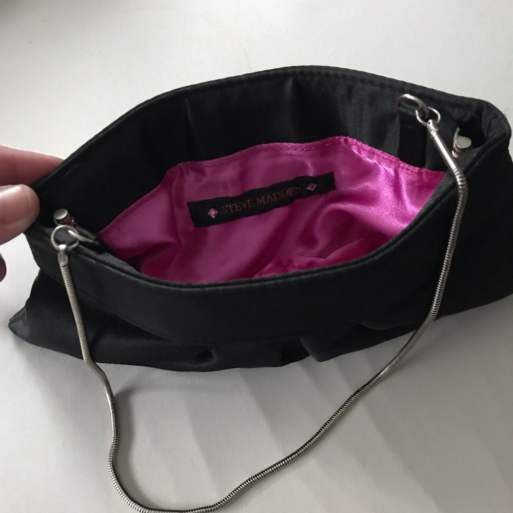 Steve Madden evening bag. Black satin with silver shoulder strap.